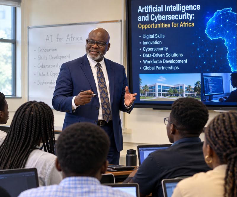 Dr. Robert Steven Owor presenting artificial intelligence and cybersecurity opportunities for Africa